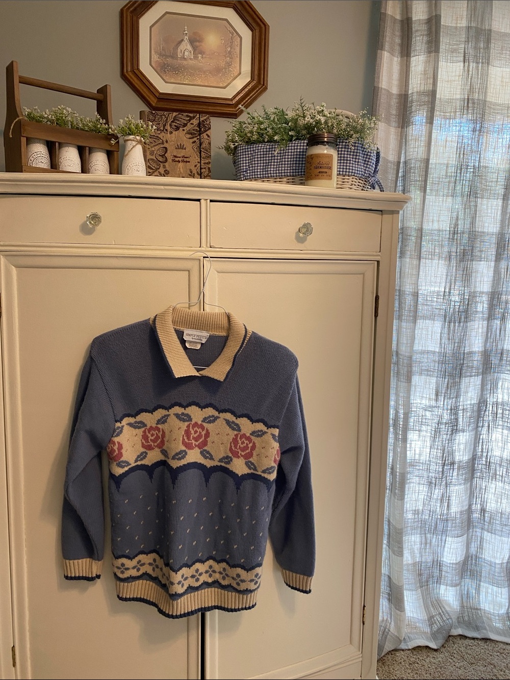 Vintage Rose Floral Powder Blue and Pink Sweater